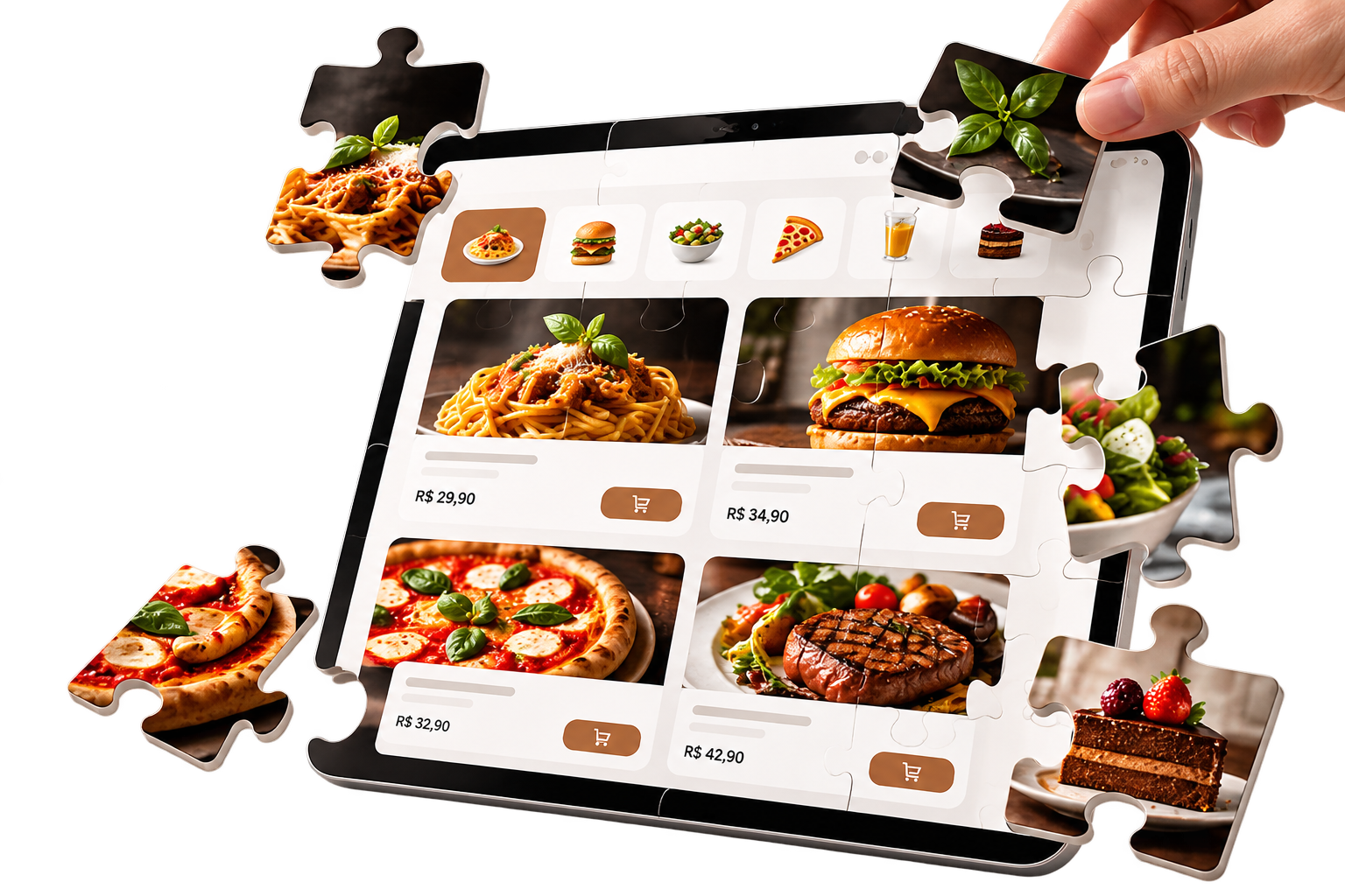 Tablet exibindo um cardápio digital montado com peças de quebra-cabeça
